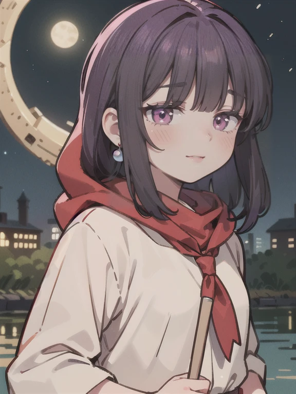 ((((DQ2 Moonberg Princess)))), ((1little girl)), solo, 13yo, (((deep purple hair))), ((Blunt bangs)), (Fluffy long hair), (Deep red eyes), ((((red hood)))), (Lotto emblem on the hood), (((purple red stole))), Pearl earrings, (((White robe with red edging))), ((drooing eyes)), Holding a magic wand in his left hand,
((By the river)), Crescent Moon, Healing Magic, Ruined castle, sadness,
photographrealistic, Sense of depth, Absurd resolution, High resolution, 8K, 4K, detail, Best Quality, (Raw photo, Best Quality, masters:1.2), (Realistic, Photorealsitic:1.37), ultra-detailliert,
Smile, Looking at the camera, full-face blush, sad, (Walking), (Looking forward), Full body shot,