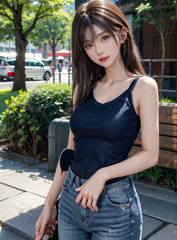 ((realisitic))、1girl in, (Light brown medium hair), ((Blue Camisole、denim pant)), Look at viewers, 25-years old、Naughty look, Medium chest、Shot in the park