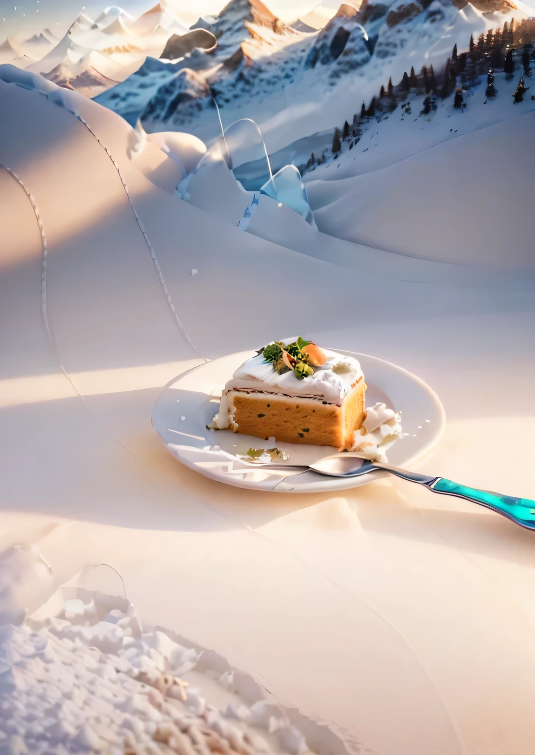 cake appears in scene (Creative micro photography venue), in micro-advertising (Threaded food ingredientig food, Yevgeny Gordy, Ultra high-definition images, pattern space, Mountains of pastry ingredients create a vivid light scene), A high resolution, (史诗般的细节cinematic ligh灯光), Expensive commercial decoration, Intricate details in commercial post-production, (Food shooting), (The scene is beautifully constructed), Golden wheat fields, Presented in Cinema4D style, with delicate tones, 3Drenderingof, Original rendering. Background flour, snow mountains, and some wheat, (cinematic ligh), Welcome, Food photography, (Supernatural light), (Super quality), (hyperrealism photography), HD physical details, Food photography (8K), (Exquisite background), (Realistic colors and comfortable lighting), (Professional camera Canon 90D)