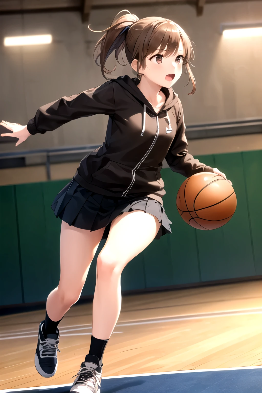 solo girl,  20 years old,dynamic pose,dynamic angle, running,playing basketball,medium hair,light brown hair,ponytail, brown eyes,small breast,black hoodie jacket,pleated skirt,indoors,basketball court, Best Quality,  High resolution,  Extremely detailed,  Detailed background,  Perfect Lighting