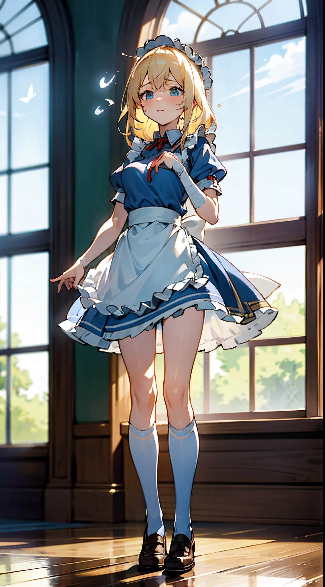 anime styled, The ultra -The high-definition, alice in the wonderland, Super cute girl, a blond, Long, shame, Peeが出てしまって恥ずかしくて泣きそうな顔, Light blue fluttering short dress, frilldの付いた白いエプロンスカートを重ねる, frilld, B-cup breasts, Light blue fluttering mini skirt, The socks are long white knee-high socks that go from the toes to mid-thigh., and draw the full body, Inside an old Western-style building, absurd worldview, window where bright sunlight shines through, Her clothes are a little disarrayed and her breasts are exposed., Pee, お漏らししてPeeが股から出て太ももを伝ってチョロチョロと細く流れている
