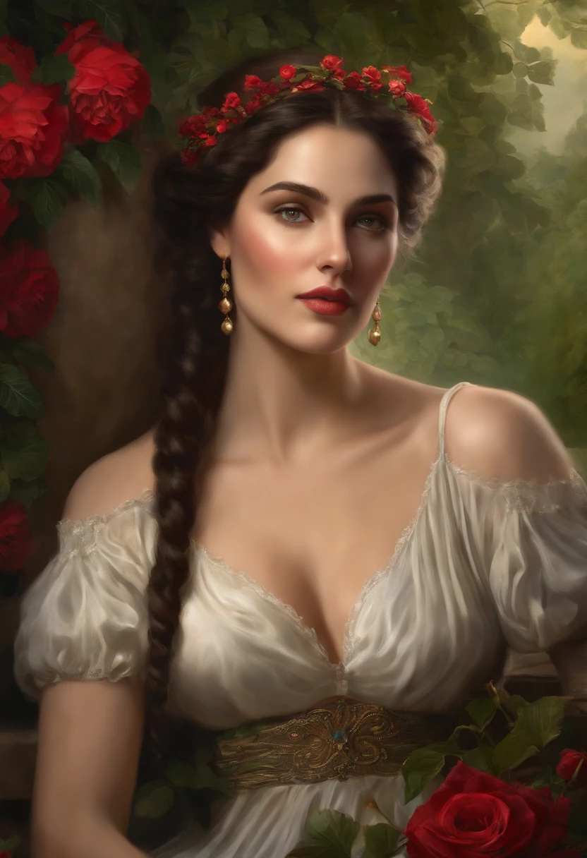 Best quality, masterpiece, ultra high resolution, baroque painting of a woman with very beautiful round face, long cascading black hair, green eyes, detailed eyes and face, Victorian era red dress, background Greek columns in a garden with flowers, dynamic lighting, in the dark, deep shadow, Discreet, Cowboy Full Body Shot, Victorian Era Style, a Goddess of beauty, portrait of a Goddess, In the Bowater art style, Renaissance digital painting, in digital painting style, portrait digital fantasy, elegant digital painting, portrait fantasy art, fantasy portrait, inspired by Dante Gabriel Rossetti, baroque digital painting, digital art painting, Fine Art UHD 4K, beautiful fantasy portrait