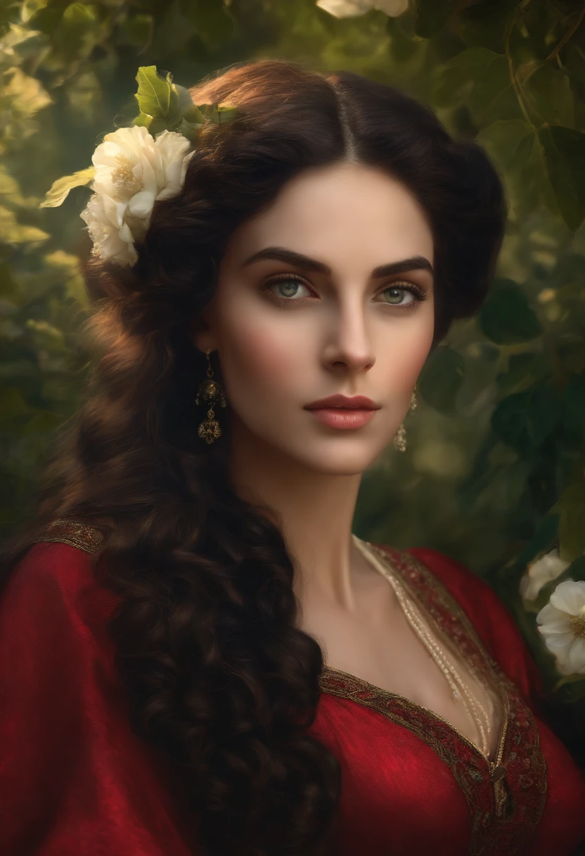Best quality, masterpiece, ultra high resolution, baroque painting of a woman with very beautiful round face, long cascading black hair, green eyes, detailed eyes and face, Victorian era red dress, background Greek columns in a garden with flowers, dynamic lighting, in the dark, deep shadow, Discreet, Cowboy Full Body Shot, Victorian Era Style, a Goddess of beauty, portrait of a Goddess, In the Bowater art style, Renaissance digital painting, in digital painting style, portrait digital fantasy, elegant digital painting, portrait fantasy art, fantasy portrait, inspired by Dante Gabriel Rossetti, baroque digital painting, digital art painting, Fine Art UHD 4K, beautiful fantasy portrait