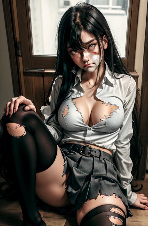 (full figure:1.1), 1 girl as yukino yukinoshita, absurdres, highres, solo, school uniform, big breasts, waist long black hair, (twintails:0.5), (pleated miniskirt:1.2), (black thighhigh socks:1.2), loose red ribbon, unbuttoned white shirt, (ahegao:1.5), (rolling eyes:1.5), (torn clothes:1.5), bare breastss, spread legs