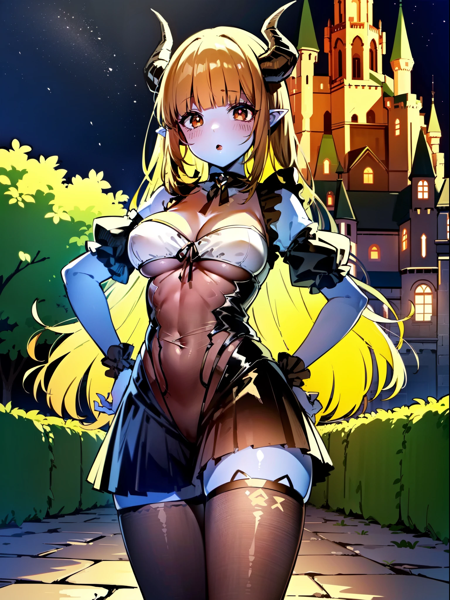 masterpiece, best quality, extremely detailed, 1girl, solo, (colored skin, dark brown skin:2), midorikawa hana, (gigantic breasts:1.2), ((((blone hair), long hair, brown eyes, slit pupils, pointy ears, curled horns))), parted lips, (((black nightgown, miniskirt, black thighhighs))), ((blush, :o), closed mouth), ((hands on own hips, garden, castle))