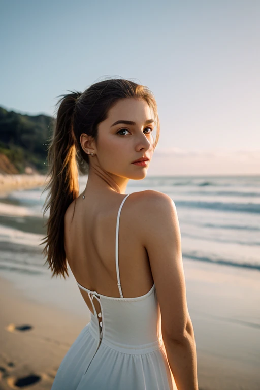 Masterpiece, Best Quality, A hyper-realistic, Cinematic photo, 18-year-old female, pale-skin, Germany's amazing hourglass body, 比基尼, Ponytail Brown Hair, Big, (Beach background), Modern style, (8K, Epic composition, Photorealistic, Sharp focus), Sophisticated backgrounds, DSLR, foil grains, Back lighting,
