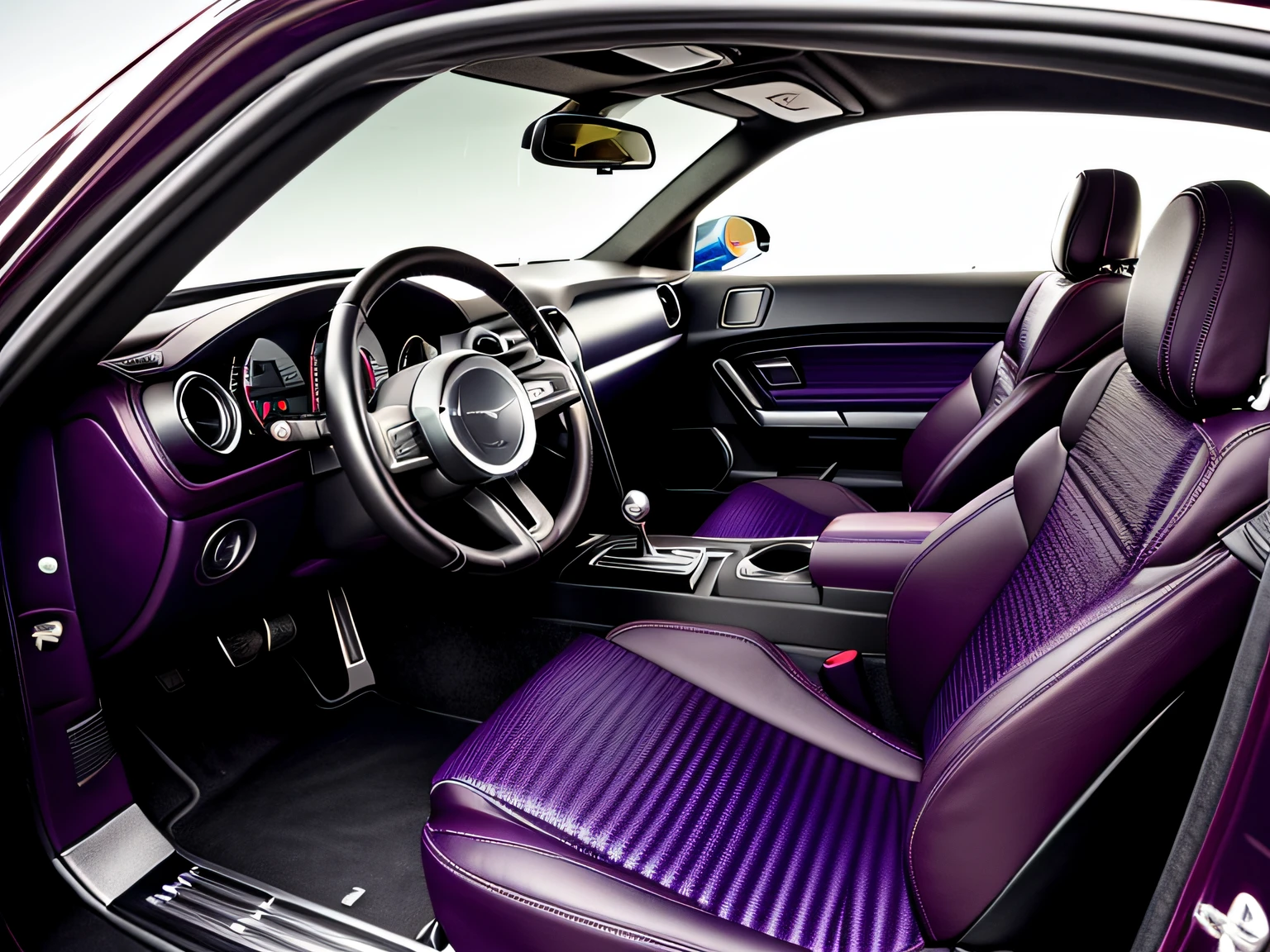 imagem do porta-malas traseiro aberto de um mustang fastback, a porta traseira aberta, seu interior traseiro exposto, COR roxo cromado METALICO reflexivo, metallic purple color, lowrider, rodas extremamente largas e grandes, vidros totalmente escuros, a pintura reflete a luz do sol, reflexo do brilho da luz na pintura, tem roda cor roxa estrela, interior cromado polido e brilhante, obra prima, imagem do porta-malas traseiro aberto de um mustang fastback, a porta traseira aberta, seu interior traseiro exposto,