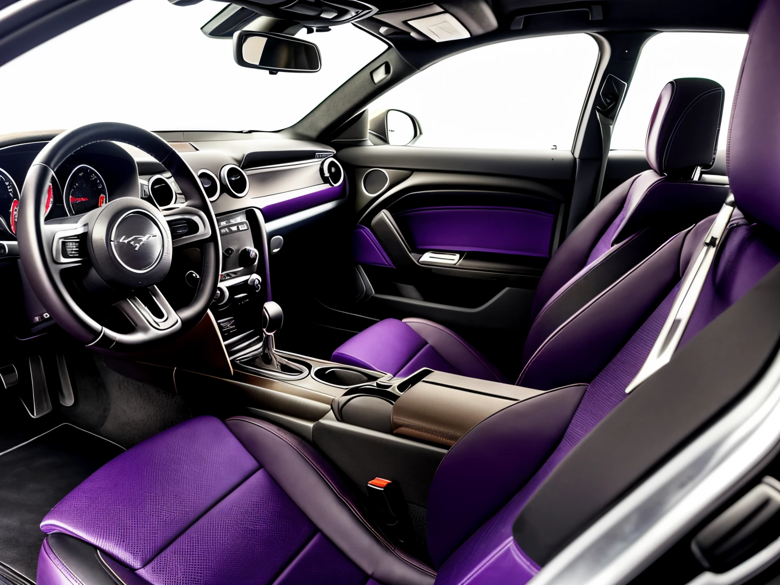 imagem do porta-malas traseiro aberto de um mustang fastback, a porta traseira aberta, seu interior traseiro exposto, COR roxo cromado METALICO reflexivo, metallic purple color, lowrider, rodas extremamente largas e grandes, vidros totalmente escuros, a pintura reflete a luz do sol, reflexo do brilho da luz na pintura, tem roda cor roxa estrela, interior cromado polido e brilhante, obra prima, imagem do porta-malas traseiro aberto de um mustang fastback, a porta traseira aberta, seu interior traseiro exposto,