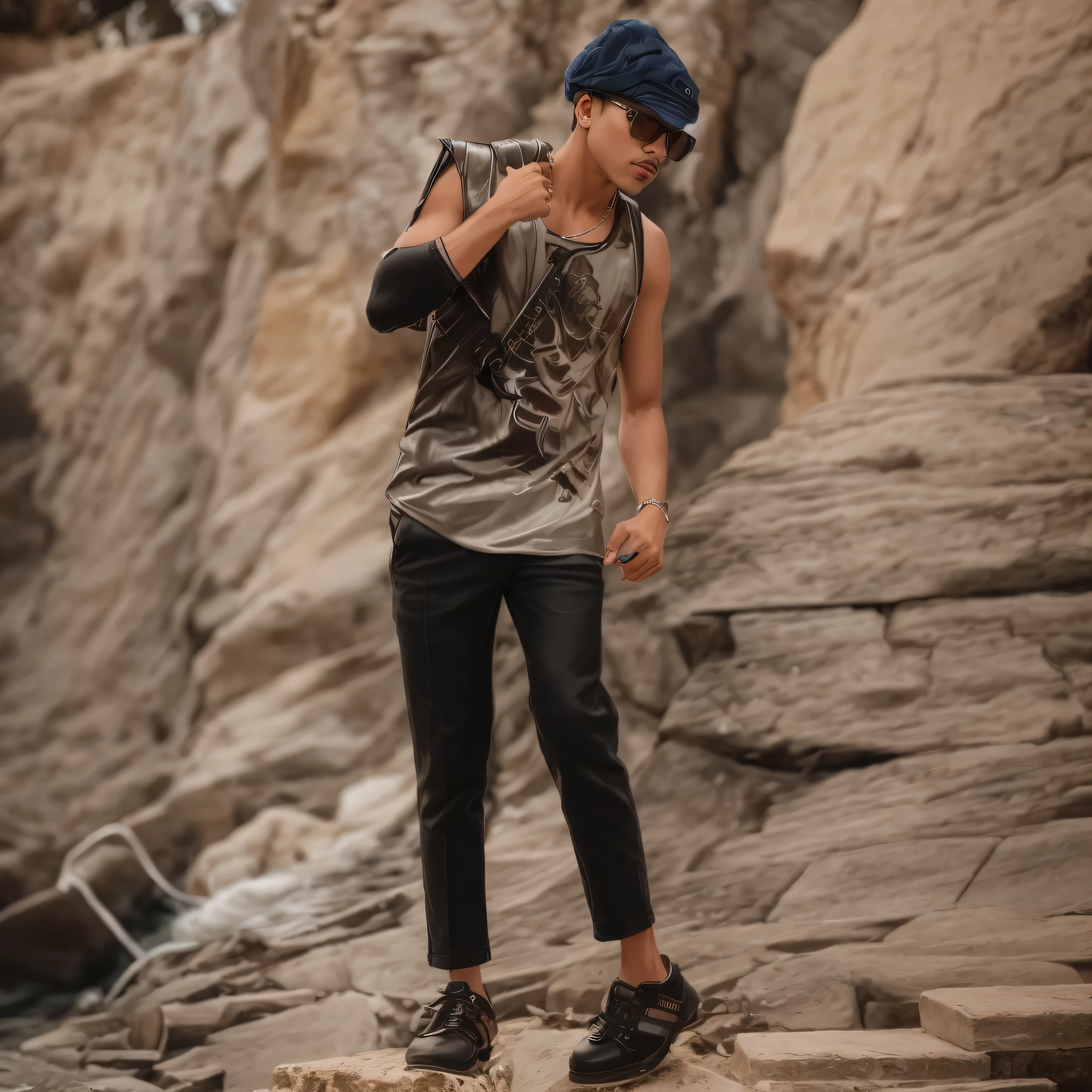 there is a man standing on a rock with a hat on, stylish pose, mohamed chahin style, jayison devadas style, looking heckin cool and stylish, with a cool pose, profile pic, modeling shoot, casual photography, full body photogenic shot, instagram post, edited in photoshop, cool pose, stylish deity, with lovely look, teenage boy, outfit photo