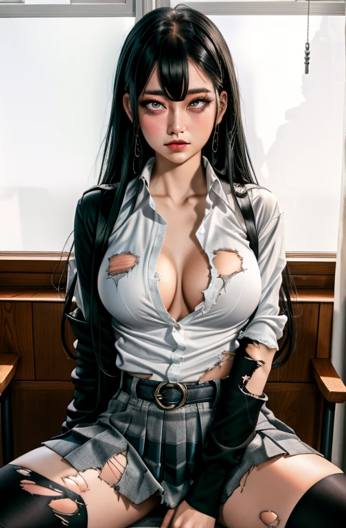 (full figure:1.1), 1 girl as yukino yukinoshita, absurdres, highres, solo, school uniform, big breasts, waist long black hair, (twintails:0.5), (pleated miniskirt:1.2), (black thighhigh socks:1.2), loose red ribbon, unbuttoned white shirt, (ahegao:1.5), (rolling eyes:1.5), (torn clothes:1.5), naked breastss, spread legs