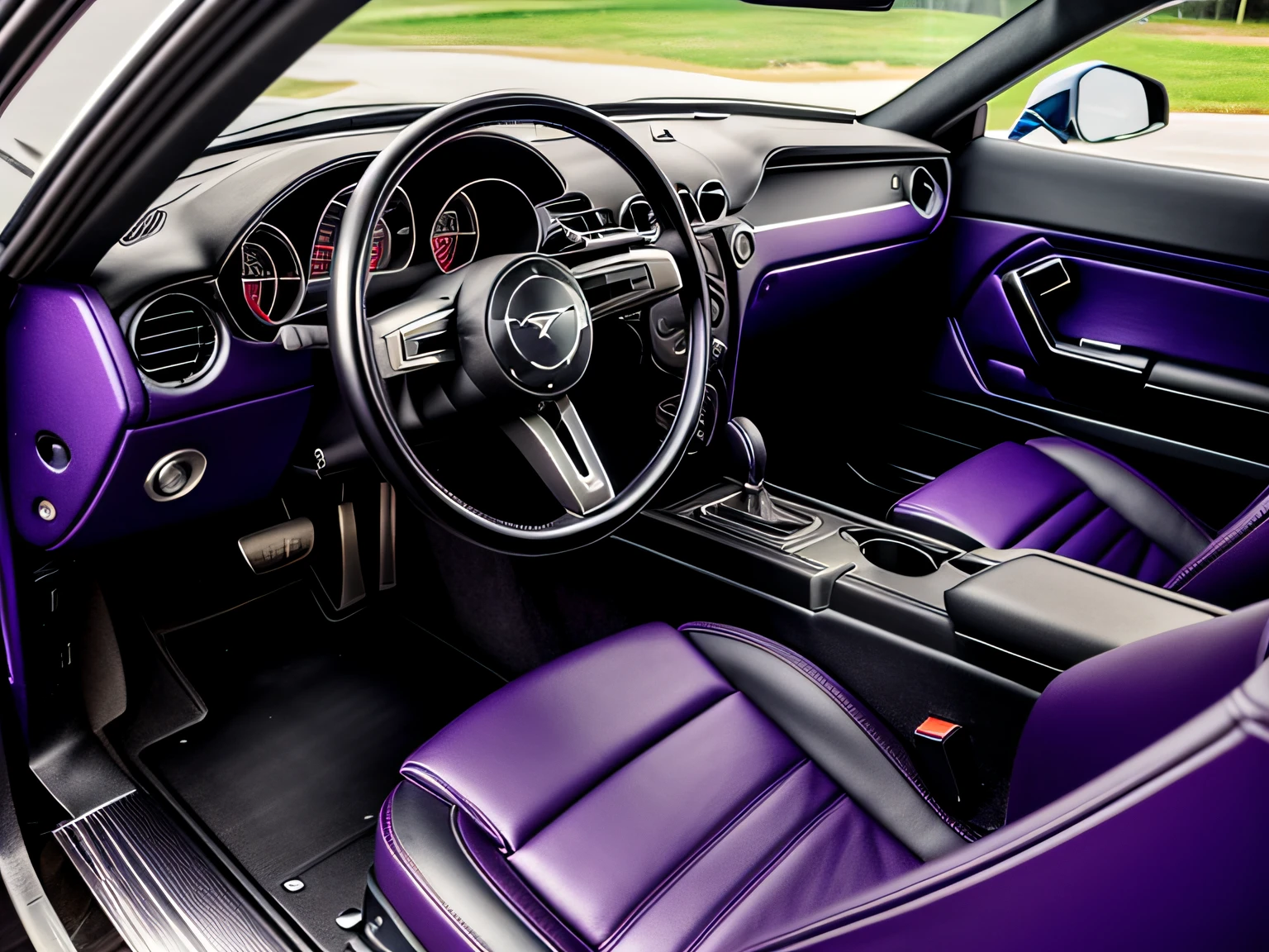 imagem interna do interior de um mustang fastback, COR roxo cromado METALICO reflexivo, metallic purple color, estilo Hotrod , estilo filme stalone cobra, a pintura reflete a luz do sol, reflexo do brilho da luz na pintura, tem roda cor roxa estrela, bancos em couro preto, interior cromado polido e brilhante, obra prima