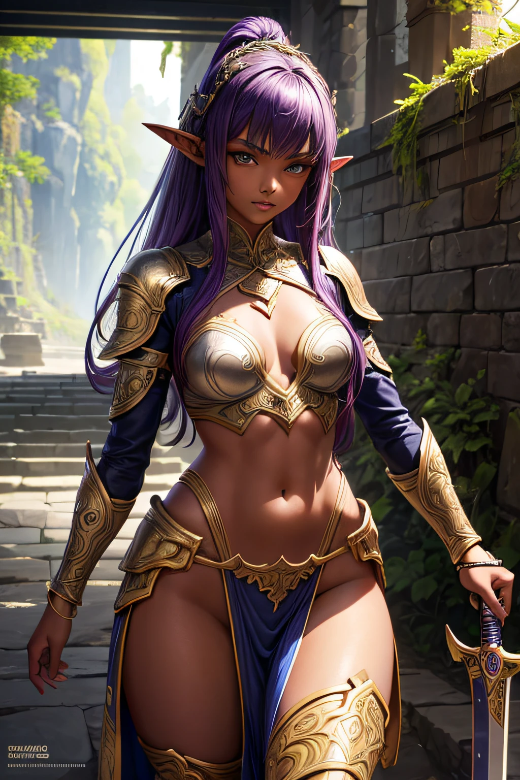 , ancient elf warrior, long pointy ears, dark skin, short purple hair, sexi, small breasts, ancient elf armor and accesories, wielding a sword, highly detailed, vibrant appearance, creative behavior, extremly detailed, imaginative, sensual, spontaneous, highest quality, skin texture, intricate details, (cinematic lighting), RAW photo, 8k, masterpiece,best quality,ultra-detailed,very detailed illustrations,extremely detailed,intricate details,highres,super complex details,extremely detailed 8k cg wallpaper,