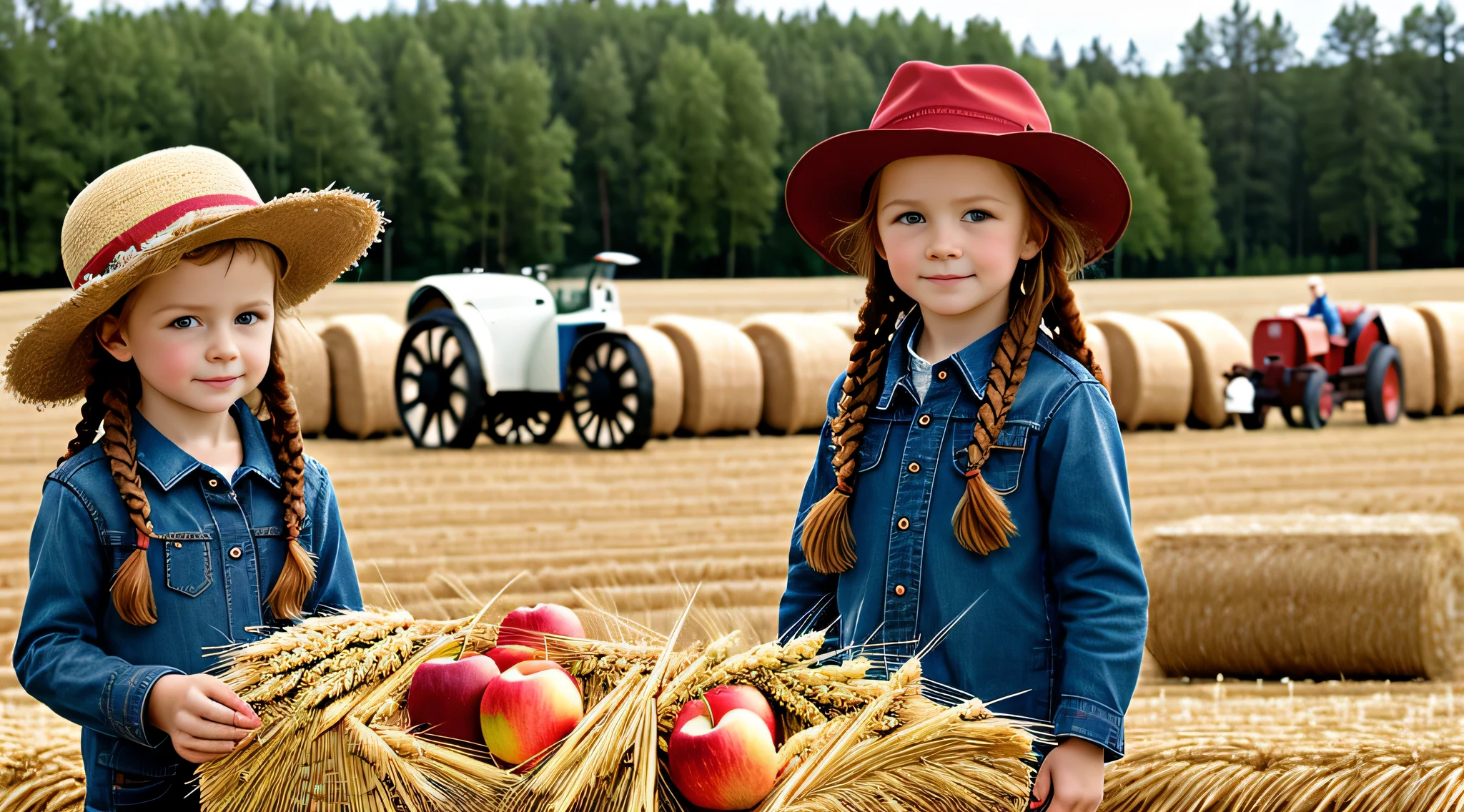 Russian style,  girl, portrait, long red hair of braids with hat, farmer style, with rolls of hay and wheat and horse, barns, apples.
