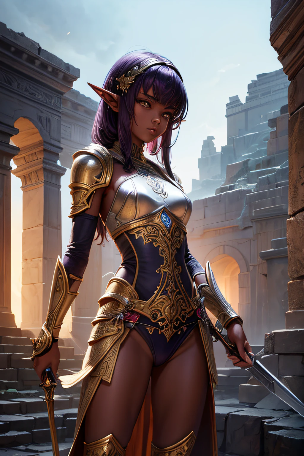 young teen girl, ancient elf warrior, long pointy ears, dark skin, short purple hair, sexi, small breasts, ancient elf armor and accesories, wielding a sword, highly detailed, vibrant appearance, creative behavior, extremly detailed, imaginative, sensual, spontaneous, highest quality, skin texture, intricate details, (cinematic lighting), RAW photo, 8k, masterpiece,best quality,ultra-detailed,very detailed illustrations,extremely detailed,intricate details,highres,super complex details,extremely detailed 8k cg wallpaper,