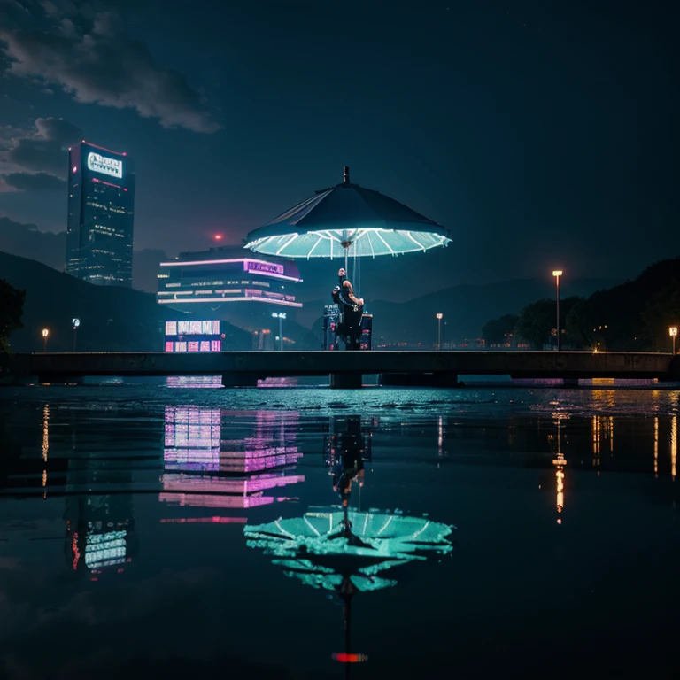 cyberpunk lake reflecting neonlights with a person hoovering above the lake with an umbrella