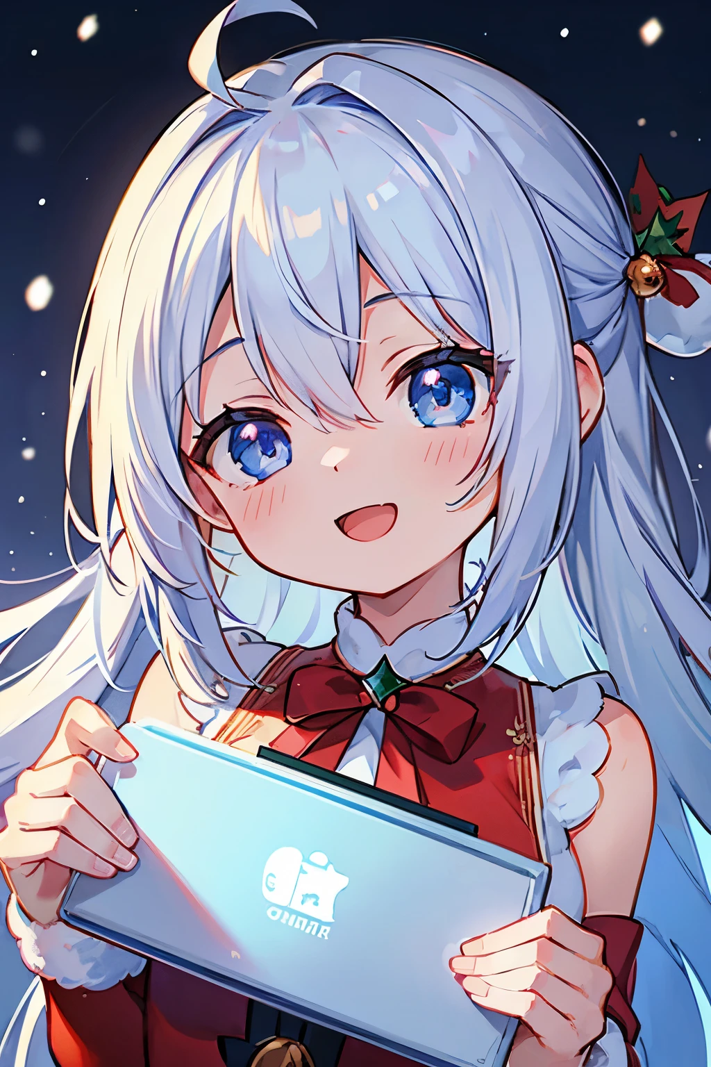 1girl in, silber hair、Blue eyes、Ahoge、A smile, open open mouth,Clear face,masterpiece, detailed shadow, Detailed light, ighly detailed, 最hightquality, hard disk, in 8K, hightquality、Clear face、snowy night、Santa Cos