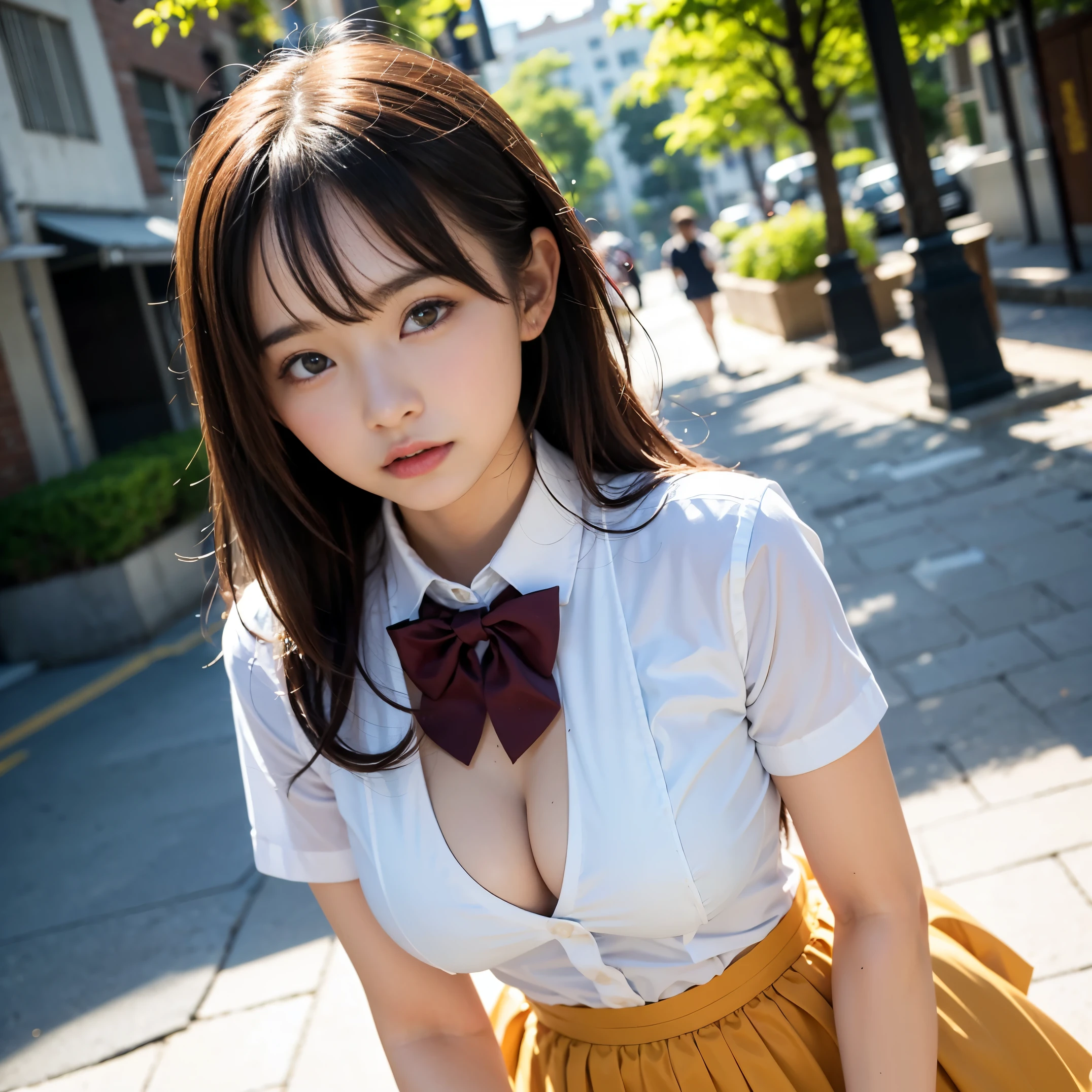 (masutepiece, Best Quality:1.2), 8K, Official art, Full body photo, Upper body naked、Cute breasts、Black hair、embarrassed from、Facing up、skinny、14years、small tits、Eyes closed、Deep sadness、Sorrow、look up sky、screeming、 unbelievable Ridiculous, (Upper body, Naked on top、Cute breasts、Skirt underneath、serafuku:1.4), Beautiful Girl, Pretty Face, arching back down, cute panty、Gold hair ornament on hair、Breasts on top、Cute underwear underneath、close up, Skirt only、Short sleeve, gardenia, violaceaess, , Street, Looking at Viewer, Film grain, chromatic abberation, Sharp Focus, face lights, Dynamic lighting, Cinematic lighting, Eyes and faces with detailed, Bokeh background, (1 dark red bow tie:1.2)