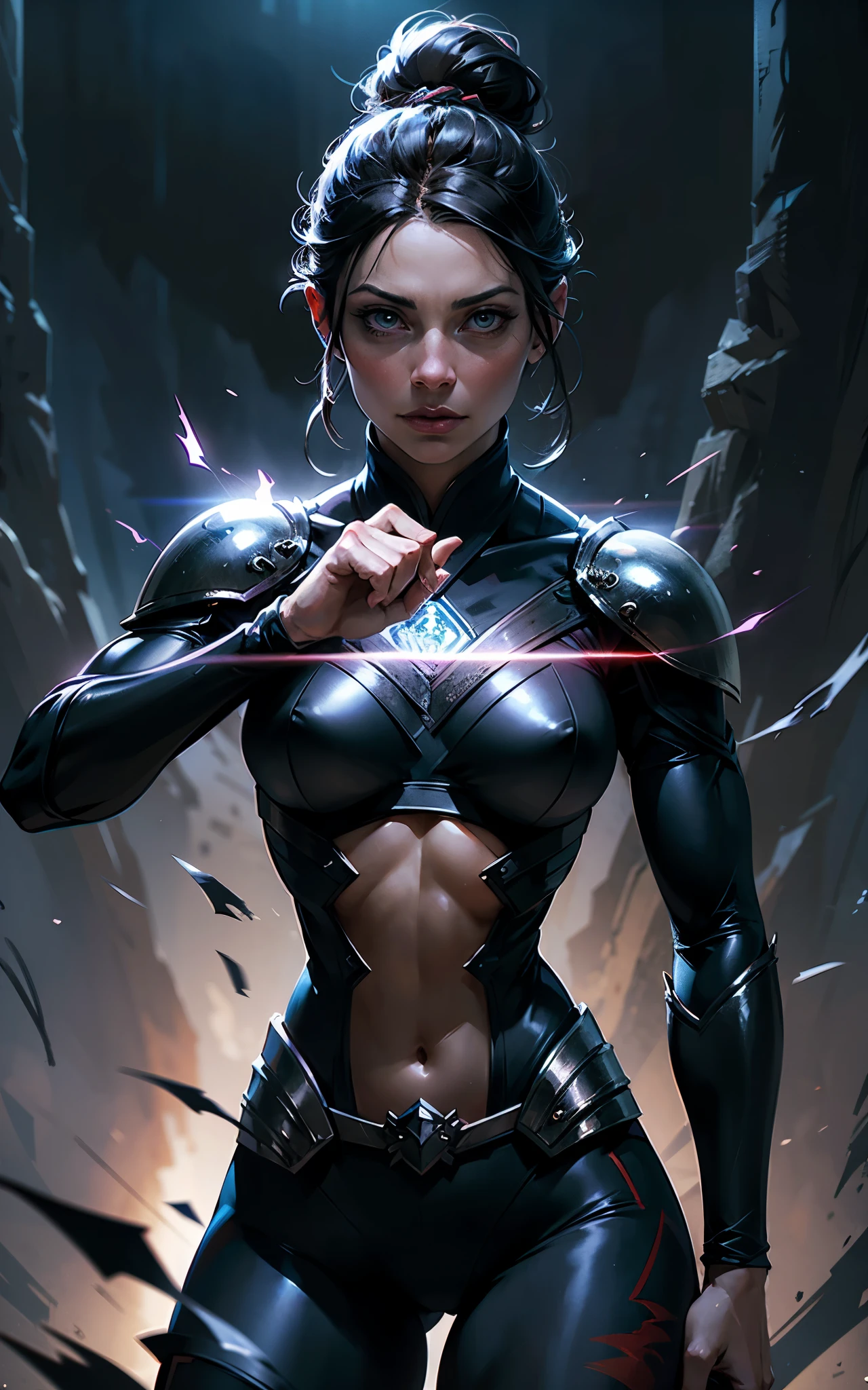 (Emily rudd:Evangeline Lilly) kunoichi coming out of a magical portal of darkness, hyperdetailed, trending on artstation, daggers in the hands, (perfect hands), hair up in a bun, action pose, anime waifu style, By David Benzal, fitness body, dark fantasy background, hdr,8k,