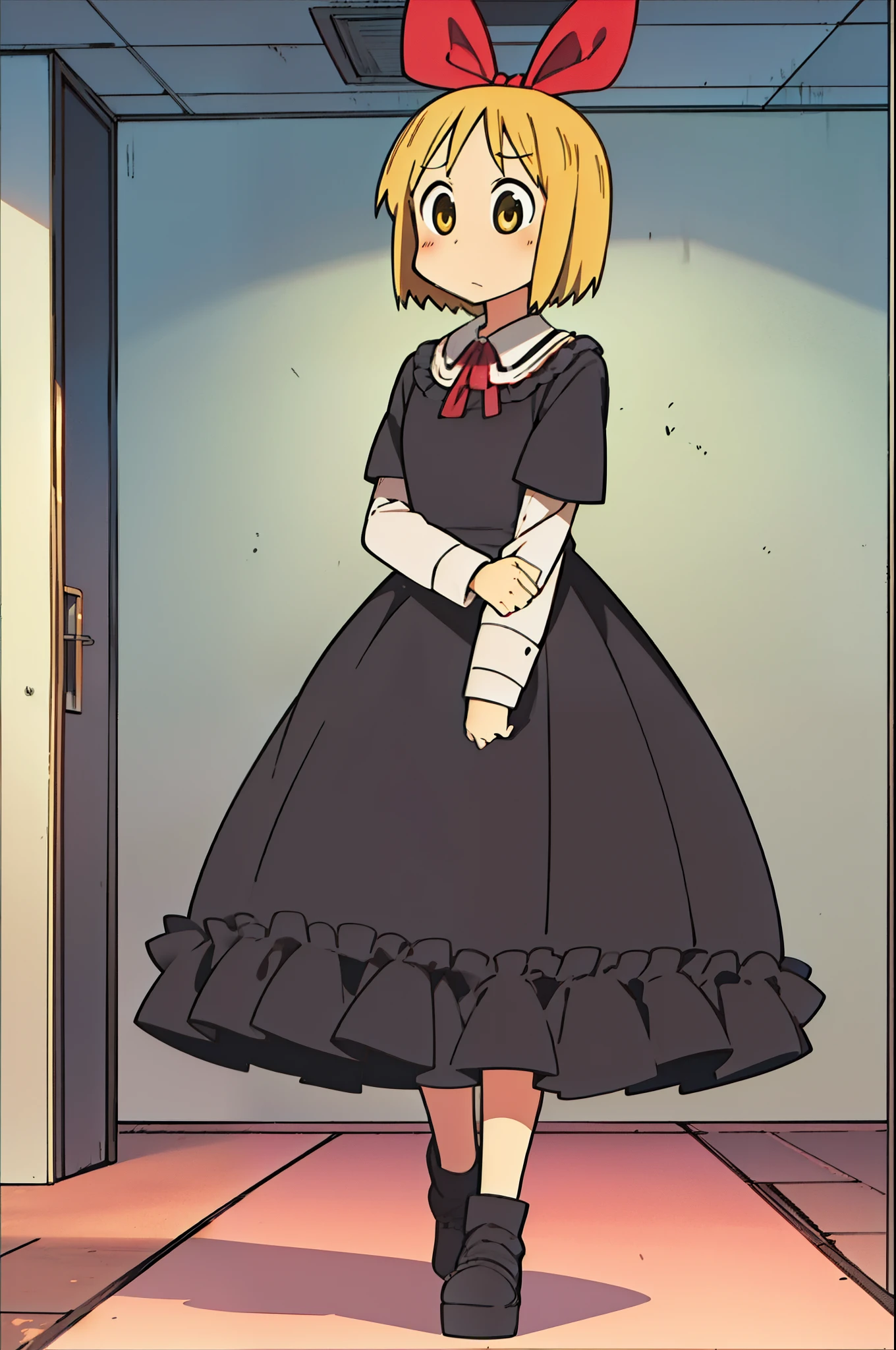 Haruna Annaka, Blonde, Short hair, a large red ribbon on your head, Yellow eyes, High school students, (a beautiful painting), Detailed background, Full body, Embarrassed look, blush, ((black dress with frills)), flat chest, indoor, eerie dark western room, looking at viewer