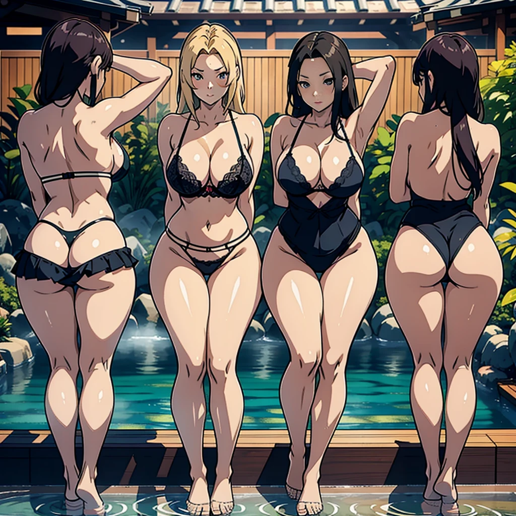 multiple thick body females standing in a line all wearing just bra and panties a small sarong over hips, dress expose bra, lifting skirt expose panties, (show panties), different colors bra and panties, standing by pool in onsen, full body view, faces rednered high quality. back view, bend at the hips with butt to camera, looking at camera with breast partially showing