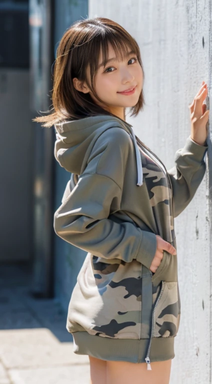 The cutest girl who works as a gravure idol、(14 years old girl、Extremely beautiful face, Naチュラルメイク)(fair white skin)(sparkly eyes)Na、with shiny brown hair、large full breasts、thin-waist、big butts((Camouflage gray zip hoodie、Long length))魅惑的.。I can see the beautiful cleavage、She's full of confidence々Smiled at.、Facing the camera in a professional pose。her fashion and expressions、The perfect balance of cuteness and elegance、draw the viewer in、Throughout this scene、express her charm to the fullest、Turning around posture、、White sneakers are visible、full shot from behind