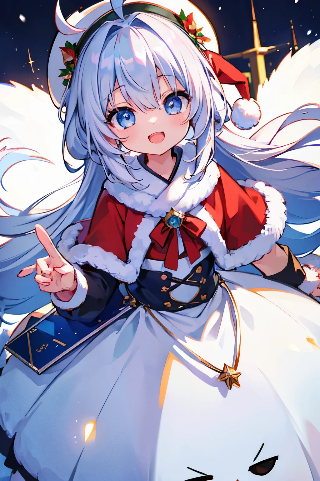 1girl in, silber hair、Blue eyes、Ahoge、A smile, open open mouth,Clear face,masterpiece, detailed shadow, Detailed light, ighly detailed, 最hightquality, hard disk, in 8K, hightquality、Clear face、snowy night、Santa Cos