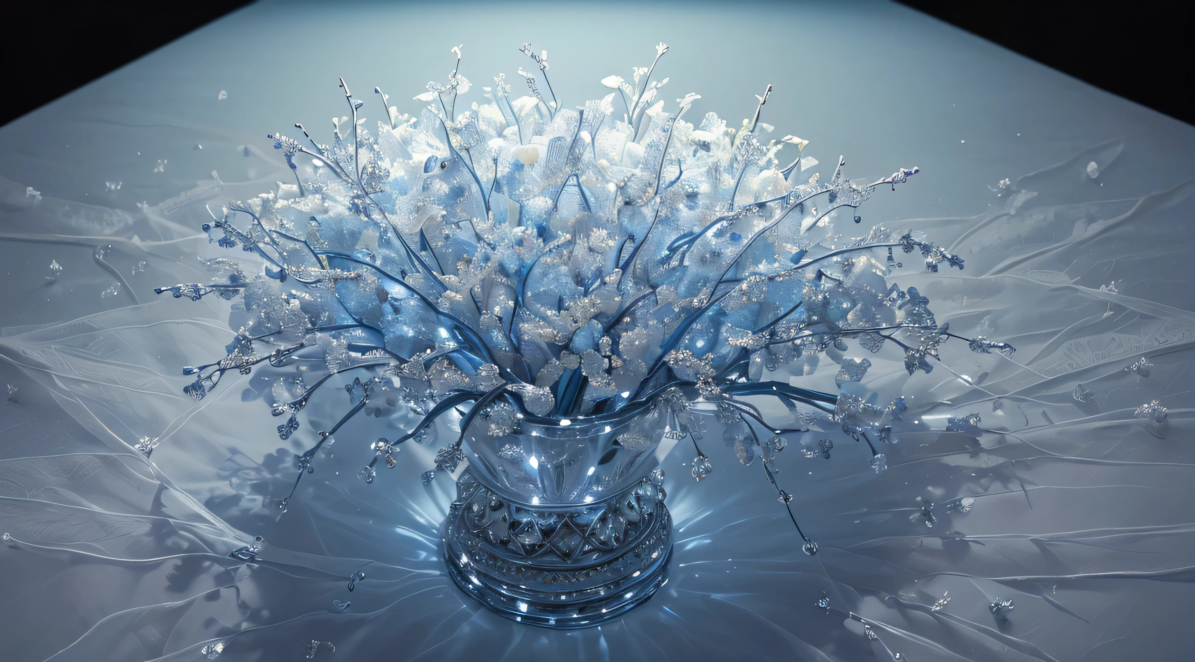(Best quality at best, ultra - detailed, actual: 1.37, The vines are covered with countless crystal fruits, Intricate details and exquisite craftsmanship, light blue and white, Amazing lighting, artistic lens, Close-up Shot Shot