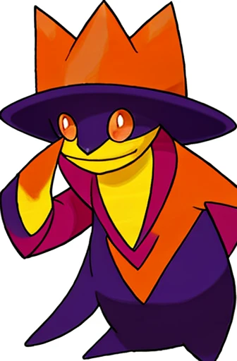Orange cat. Long hair. white chin. purple wizard hat with stars. Bowl of soup. drawn in the style of a psychic type Pokémon.