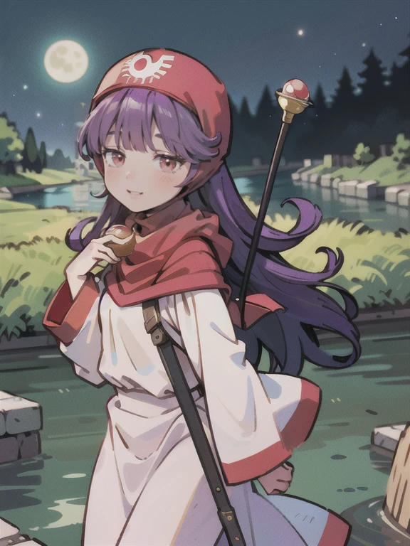 ((((DQ2 Moonberg Princess)))), ((1little girl)), solo, , (((deep purple hair))), ((Blunt bangs)), (Fluffy long hair), (Deep red eyes), ((((red hood)))), (Lotto emblem on the hood), (((purple red stole))), Pearl earrings, (((White robe with red edging))), ((drooing eyes)), Holding a magic wand in his left hand,
((By the river)), Crescent Moon, Healing Magic, Ruined castle, sadness,
photographrealistic, Sense of depth, Absurd resolution, High resolution, 8K, 4K, detail, Best Quality, (Raw photo, Best Quality, masters:1.2), (Realistic, Photorealsitic:1.37), ultra-detailliert,
Smile, Looking at the camera, full-face blush, sad, (Walking), (Looking forward), Full body shot,