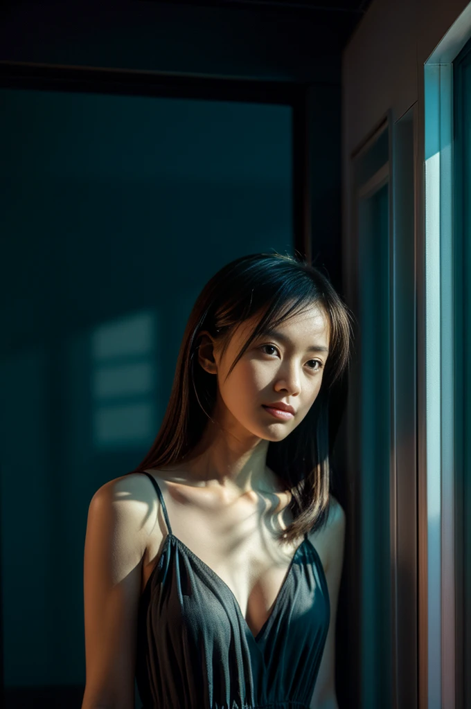 (Photoreal Stick:1.5, masutepiece:1.5, 8K), (top-quality, masterpiece, 超A high resolution), Perfect dynamic composition, Professional camera work:1.4, Highly detailed skin and facial texture:1.3, Mystical portrait:1.3, Grow Light Effect, The ultra-detailliert, 1girl in, ((Night view from inside the building, Pitch black room:0.8, The moonlight at night shines through the glass)), (v neck nightdress), Model body type, Clear face, (Beautiful and seductive eyes:0.8, Enraptured look:0.8, i love you completely:0.8), A mouthfeel that feels beautiful eros, Dark brown medium hair, the chest is medium, a necklace, (Leaning against the window, seductiv)