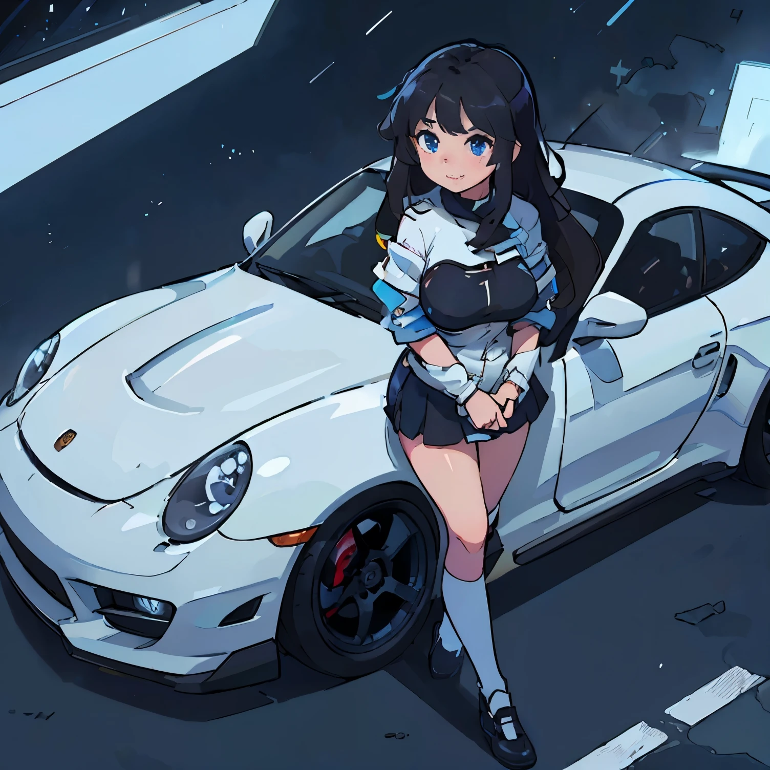 16 K, nffsw, Ray tracing, nffsw, A hyper-realistic, hight resolution, Wide angle shot, Best Quality, masutepiece, Full body image, (Perfect anatomy ), Long Black Hair, happy chuckle, Blue eyes, , Looking at the camera, Night time, Anime style, Trending on ArtStation, wlop, sakimichan, awardwinning, amazing composition, Perfect, Great lighting, Leaning on Porsche 911, 1Car, Car Girl, A racing girl