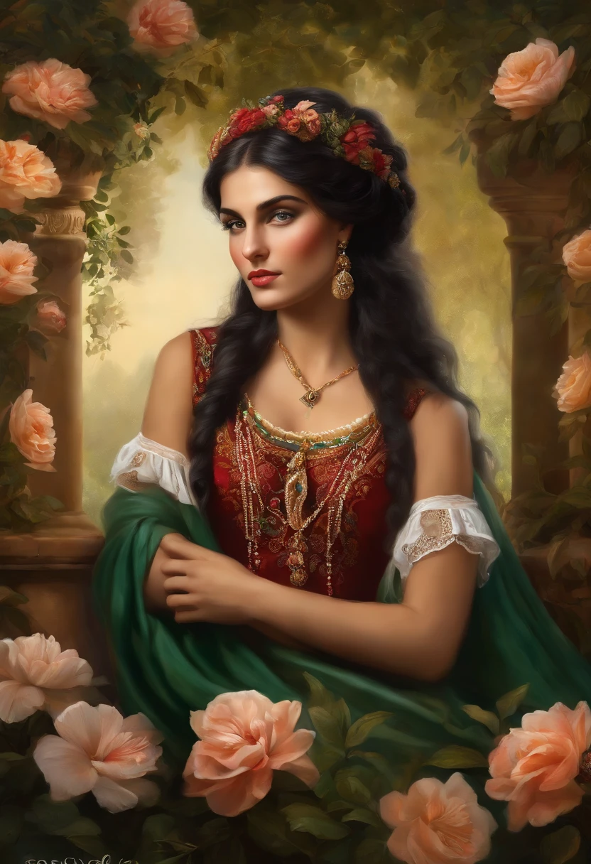 Best quality, masterpiece, ultra high resolution, baroque painting of a gypsy woman with a very beautiful round face, delicate, slightly plump and perfect lips, ((gypsy of rare beauty, goddess of perfection, the most beautiful woman in the world)) , long cascading black hair, green eyes, detailed eyes and face, Victorian era red dress, background Greek columns in a garden with flowers, dynamic lighting, in the dark, deep shadow, Discreet, Cowboy Full Body Shot, Era Style Victorian, a Goddess of beauty, portrait of a Goddess, In the Bowater art style, Renaissance digital painting, in digital painting style, digital fantasy portrait, elegant digital painting, portrait fantasy art, fantasy portrait, inspired by Dante Gabriel Rossetti, baroque digital painting, digital art painting, Fine Art UHD 4K, beautiful fantasy portrait