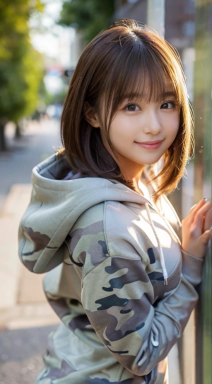 The cutest girl who works as a gravure idol、(14 years old girl、Extremely beautiful face, Naチュラルメイク)(fair white skin)(sparkly eyes)Na、with shiny brown hair、large full breasts、thin-waist、big butts((Camouflage gray zip hoodie、Long length))魅惑的.。I can see the beautiful cleavage、She's full of confidence々Smiled at.、Facing the camera in a professional pose。her fashion and expressions、The perfect balance of cuteness and elegance、draw the viewer in、Throughout this scene、express her charm to the fullest、Turning around posture、Lean forward、Posture with buttocks sticking out、、Medium full shot from behind