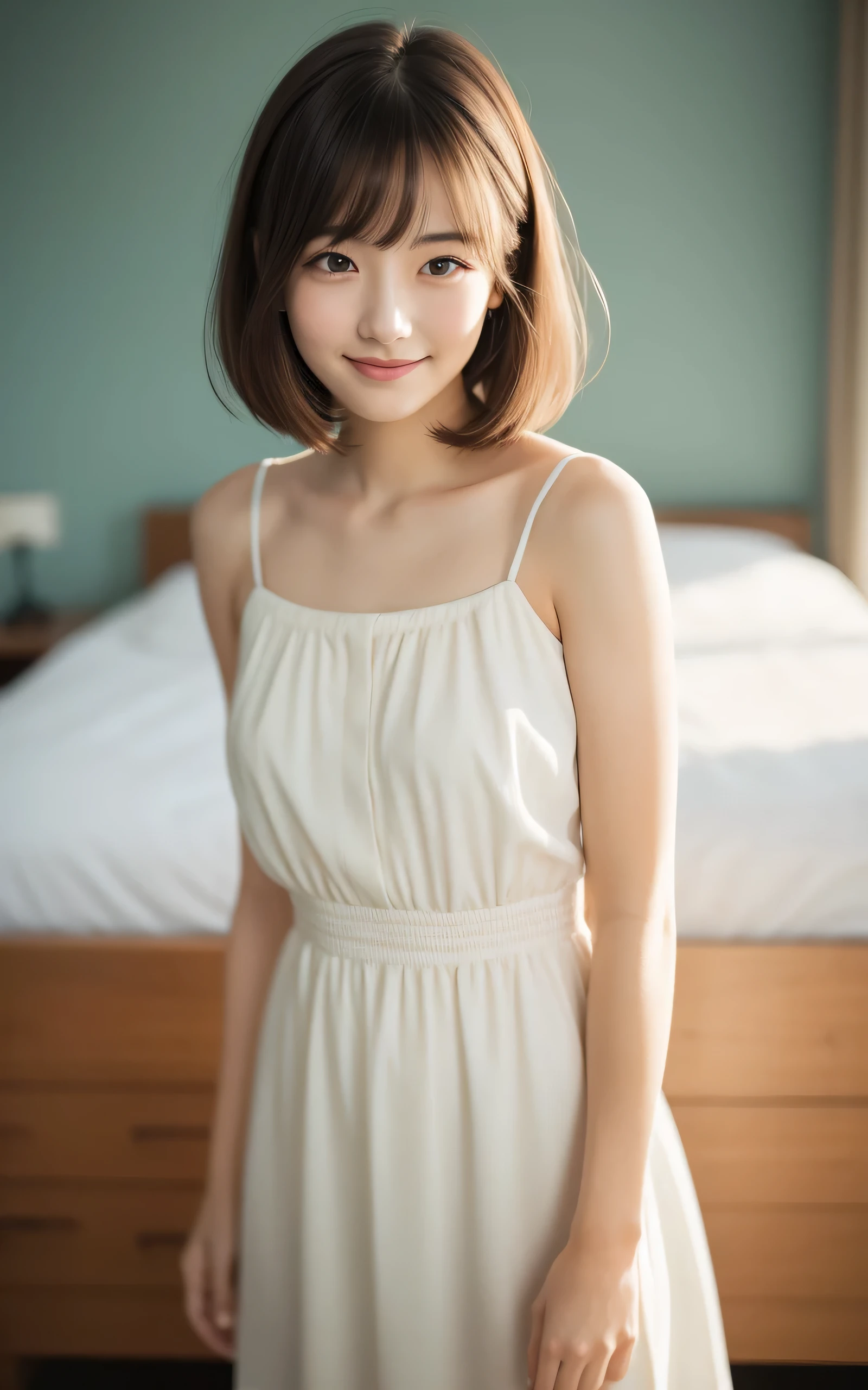 Top quality, realistic, perfect human body structure, very detailed, very delicate and beautiful, RAW photography, living room, professional lighting, luminescence, depth of field, single focal, full body, 13 year old girl, smile, brown hair, small head, ((big)), baby face, beautiful eyes, real face, realistic skin, detailed eyes, (fashionable hairstyle: 1.3), sexy pose, absurderes、Incredibly Ridiculous res、Extremely fine,