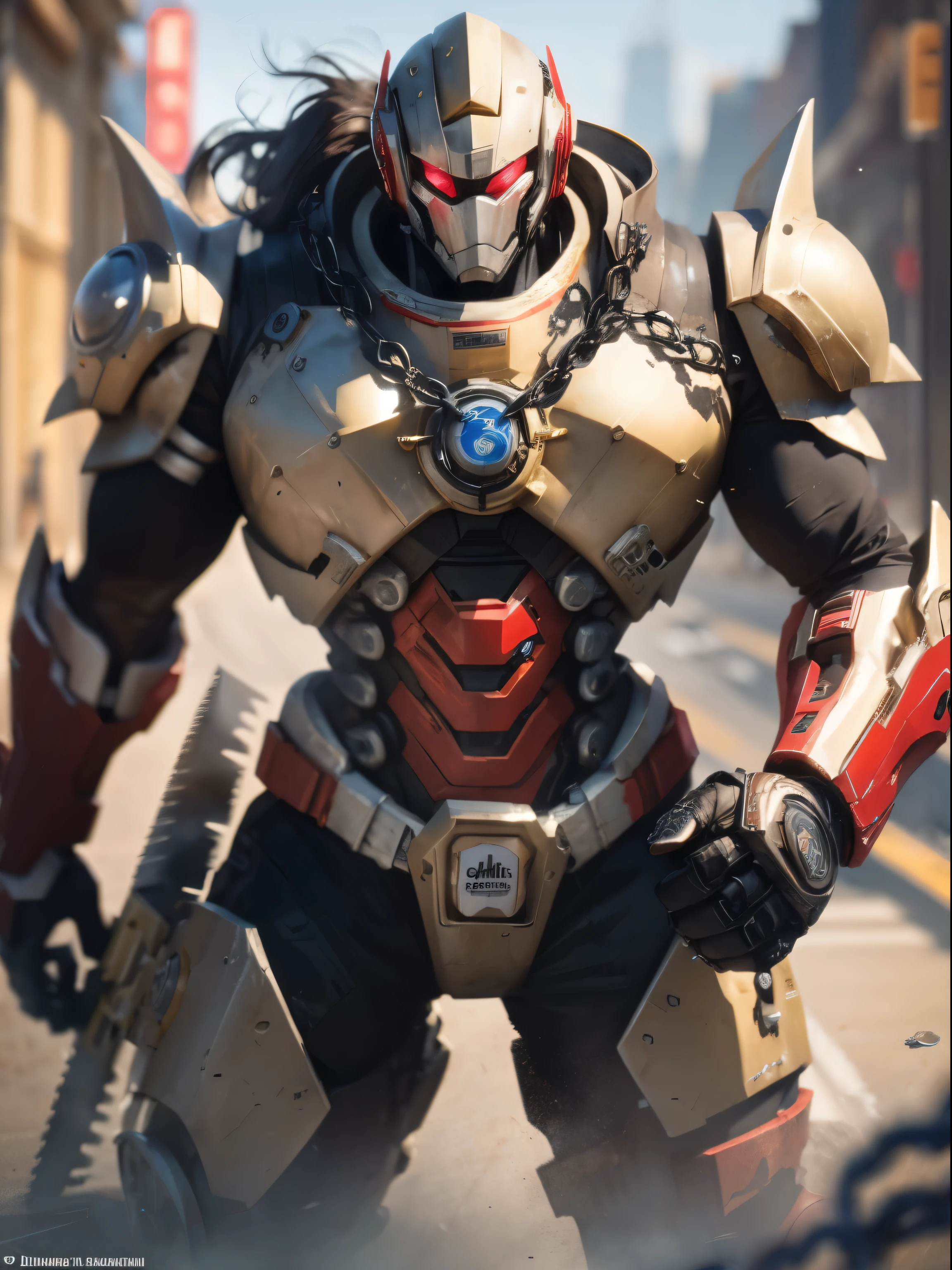 dvMech, 85mm, f1.8, Evil masked robot portrait, dark matte smooth ceramics, intricate design, very detailed, fine details, extremely clear lines, cinematic lighting, realistic photos, a detailed masterpiece, Dark_Fantasy, Cyberpunk, (chain saw, chain saw man, Red:1.1), 1man, Mechanical marvel, Robotic presence, Cybernetic guardian, in shabby mech suit, intricaeel metal [rusty]), elegant, clear focus, photographed by greg rutkowski, soft lighting, bright colors, masterpiece, ((street)), cowboy shooting, dynamic pose --auto --s2