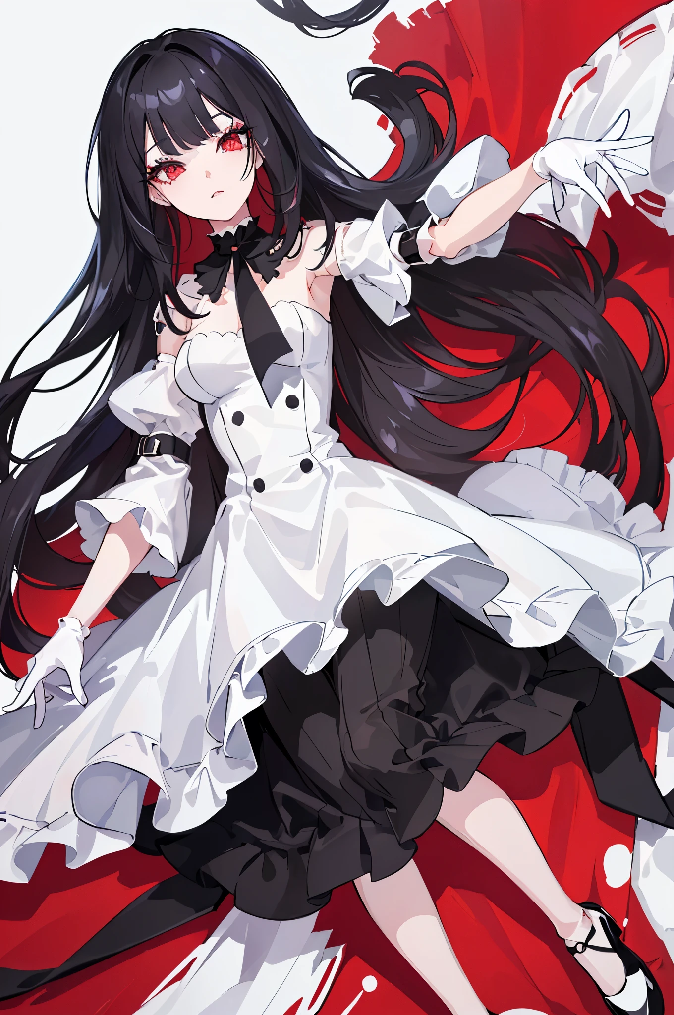 (8k, best quality, tmasterpiece:1.2),\(eye detailed\),\(Facial features\),(\(Clothes detail details\)\),(1 girl:1.3),(solo),full body,(black hair:1.1),(red eyes:1.1),(Long eyelashes:1.1).(puppet body:1.3),doll,doll jiont,(Doll girl:1.2),Long white silk gloves,White dancing shoes,white dress.arms wide,suspended in the background