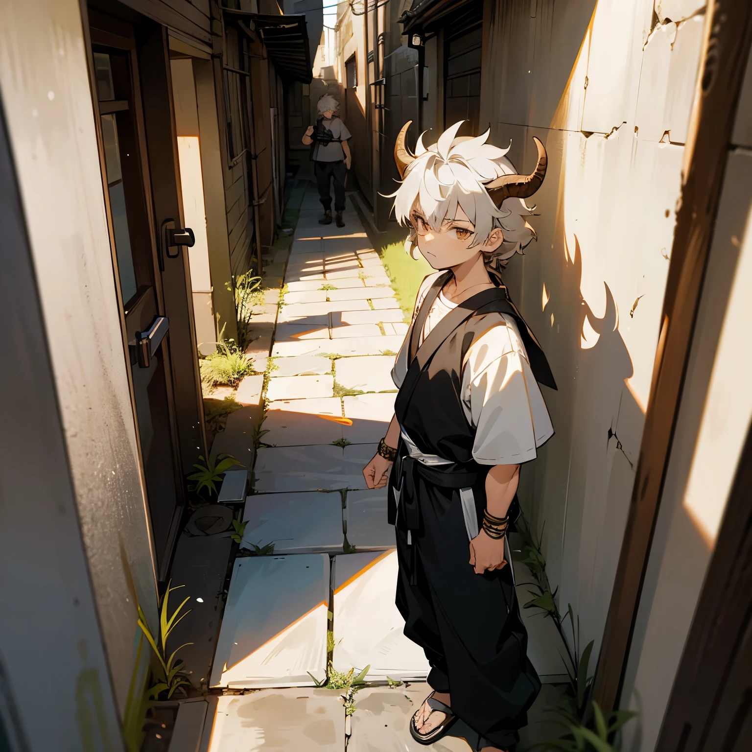 1male , Young Male , Child Male , Muscular , Light Grey Hair , Hazel Brown Eyes , Ox Horns , Serious Expression , Gon Hair , Messy Hair ,White Martial Arts Clothing, Standing in alleyway , Sunny Day , Baggy Black Pants , Bracelets