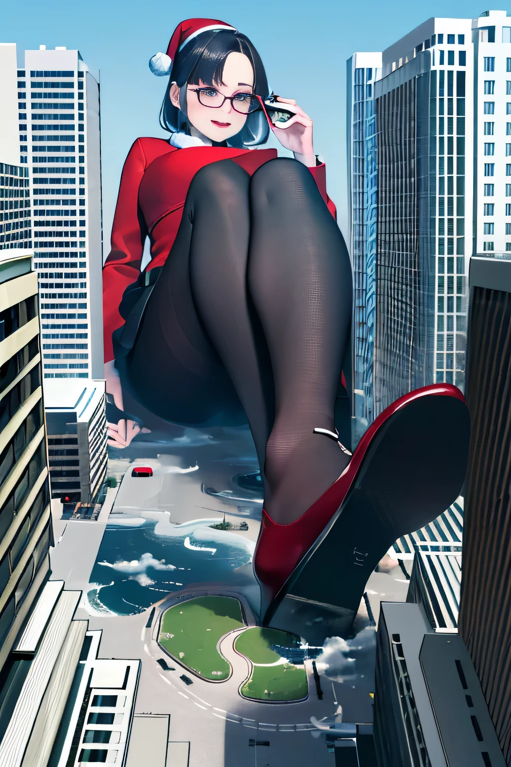 Bird View, der riese art, 非常に詳細なder rieseショット, der riese, Shorthair, Giant woman bigger than a skyscraper, Wearing rimless glasses, Colossal tits, Big ass, Red Santa Dresses, Black pantyhose, Her shoes are high heels and stiletto red sandals., very small metropolis, Trying to destroy a miniature metropolis, Full body depiction, nffsw, giga der riese, der riese, Black pantyhose, Stomping City,crash city,Small town,micro city,