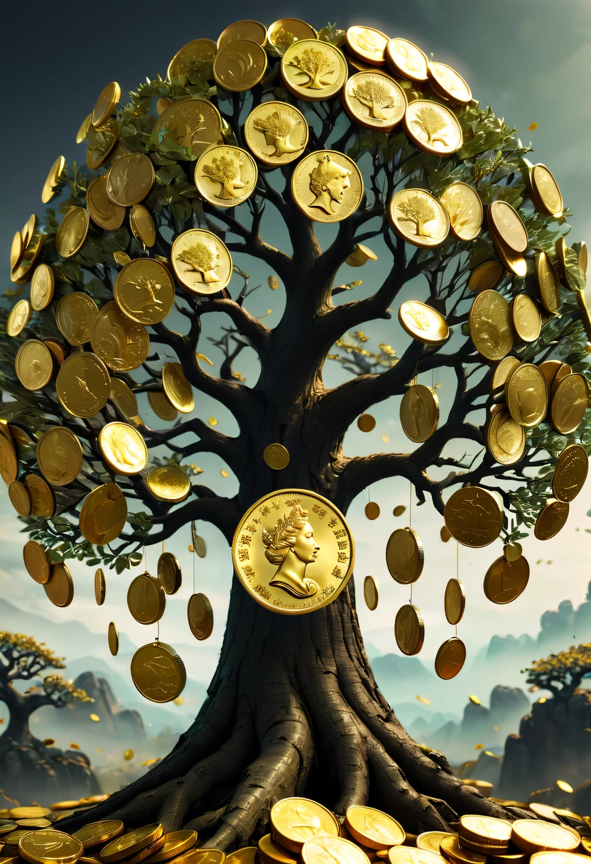 coin tree,The crown is filled with gold coins,only gold coins,魔法coin tree,神奇coin tree,Incredible, Surreal, Crazy, Whimsical, Epic magpic gold coin fantasy