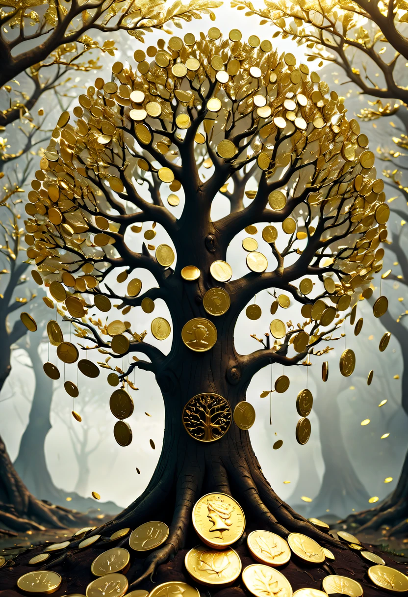 coin tree，The crown is a gold coin，魔法coin tree，神奇coin tree，Incredible， Surreal, Crazy, Whimsical, Epic magpic gold coin fantasy