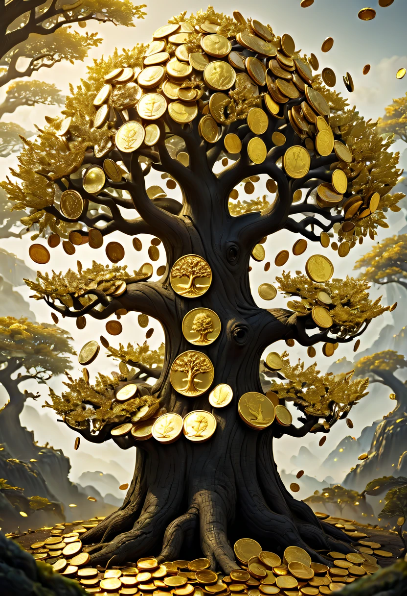 coin tree，The crown is filled with gold coins，only gold coins，魔法coin tree，神奇coin tree，Incredible， Surreal, Crazy, Whimsical, Epic magpic gold coin fantasy