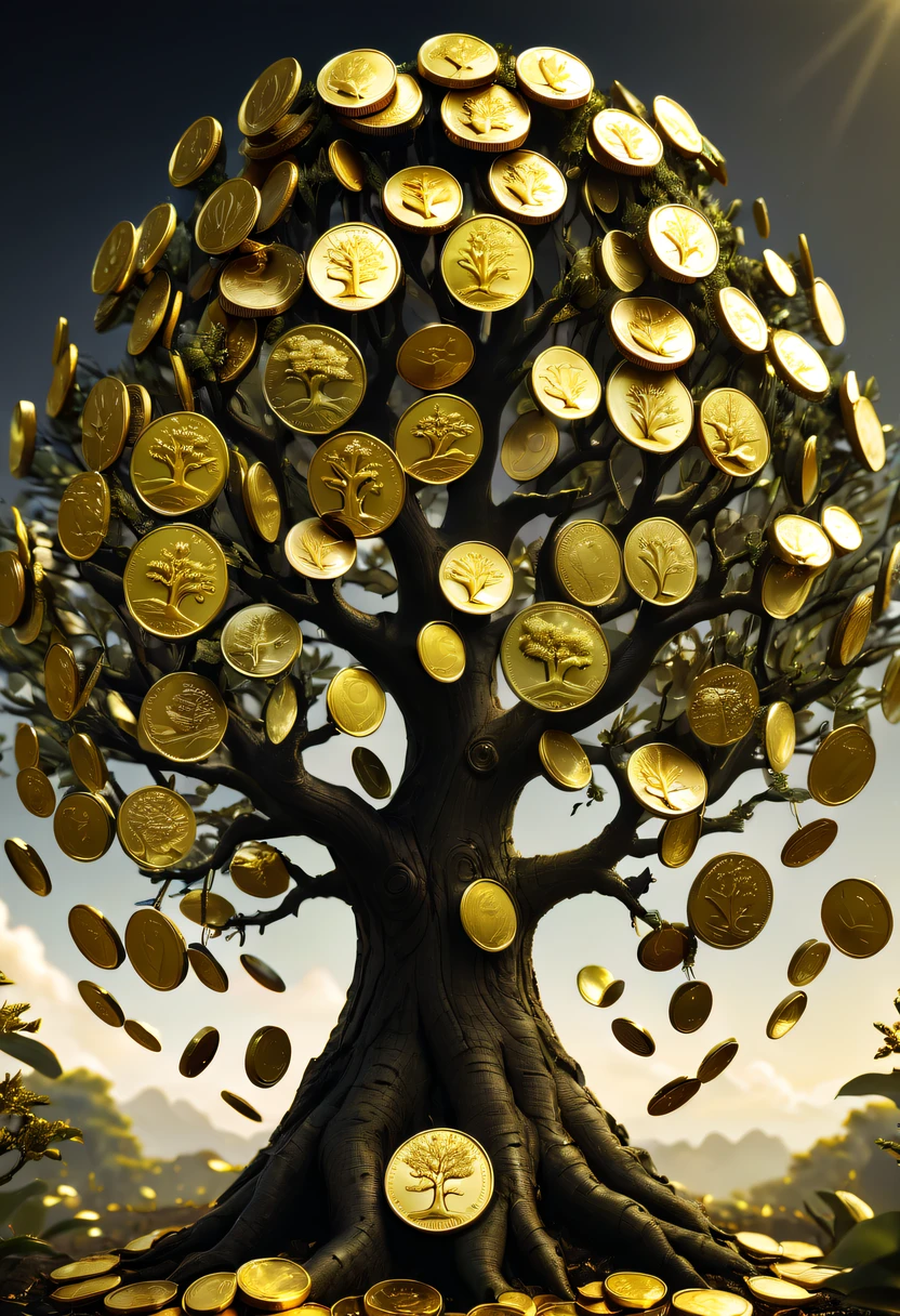 coin tree，The crown is filled with gold coins，only gold coins，魔法coin tree，神奇coin tree，Incredible， Surreal, Crazy, Whimsical, Epic magpic gold coin fantasy