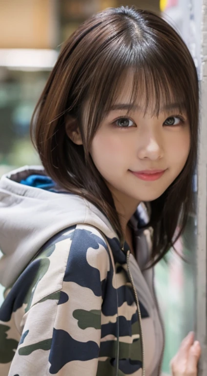 The cutest girl who works as a gravure idol、( girl、Extremely beautiful face, Naチュラルメイク)(fair white skin)(sparkly eyes)Na、with shiny brown hair、large full breasts、thin-waist、big butts((Camouflage gray zip hoodie、Long length))魅惑的.。I can see the beautiful cleavage、She's full of confidence々Smiled at.、Facing the camera in a professional pose。her fashion and expressions、The perfect balance of cuteness and elegance、draw the viewer in、Throughout this scene、express her charm to the fullest、Looking behind you、Turning around posture、、Posture with buttocks sticking out、、Angle from which the thighs are visible、Medium full shot from behind