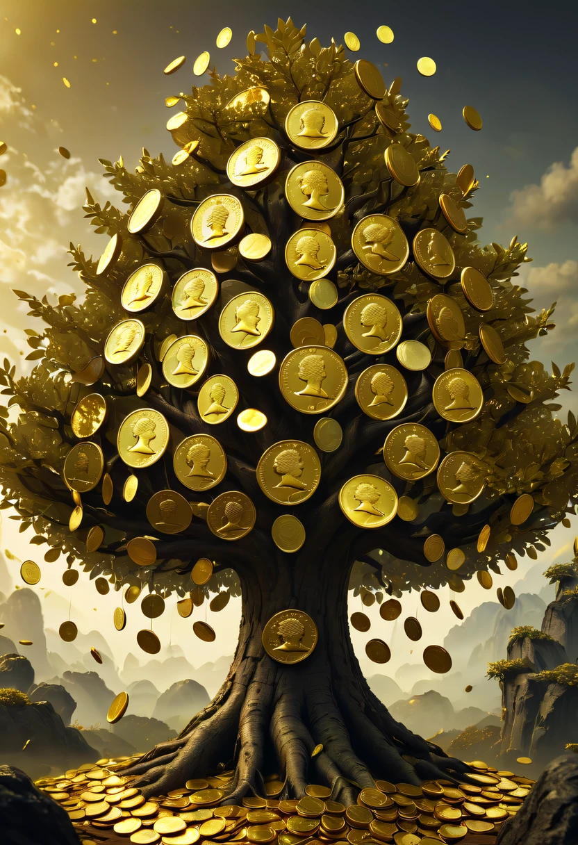 coin tree,The crown is filled with gold coins,only gold coins,魔法coin tree,神奇coin tree,Incredible, Surreal, Crazy, Whimsical, Epic magpic gold coin fantasy