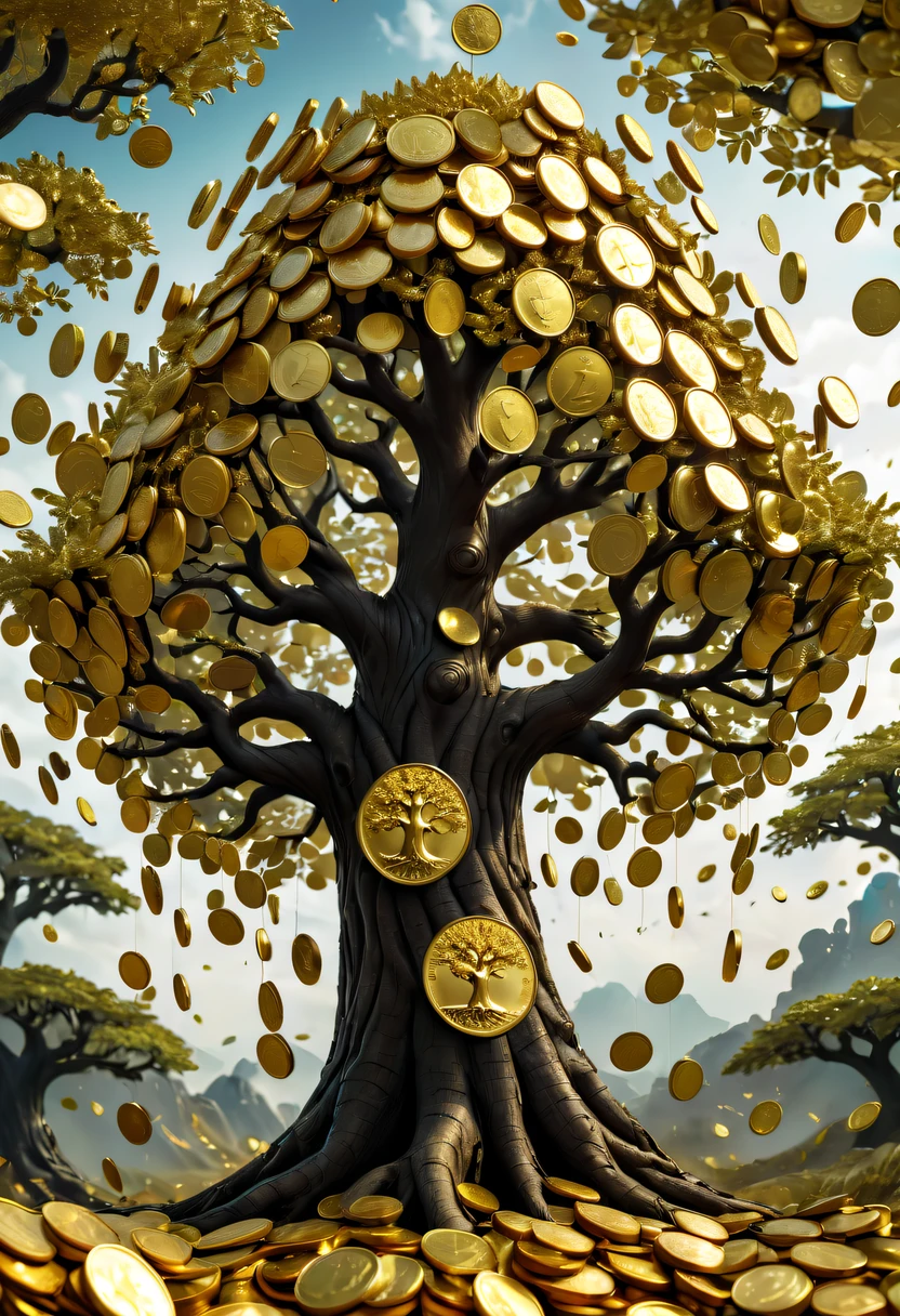 coin tree,The crown is filled with gold coins,only gold coins,魔法coin tree,神奇coin tree,Incredible, Surreal, Crazy, Whimsical, Epic magpic gold coin fantasy