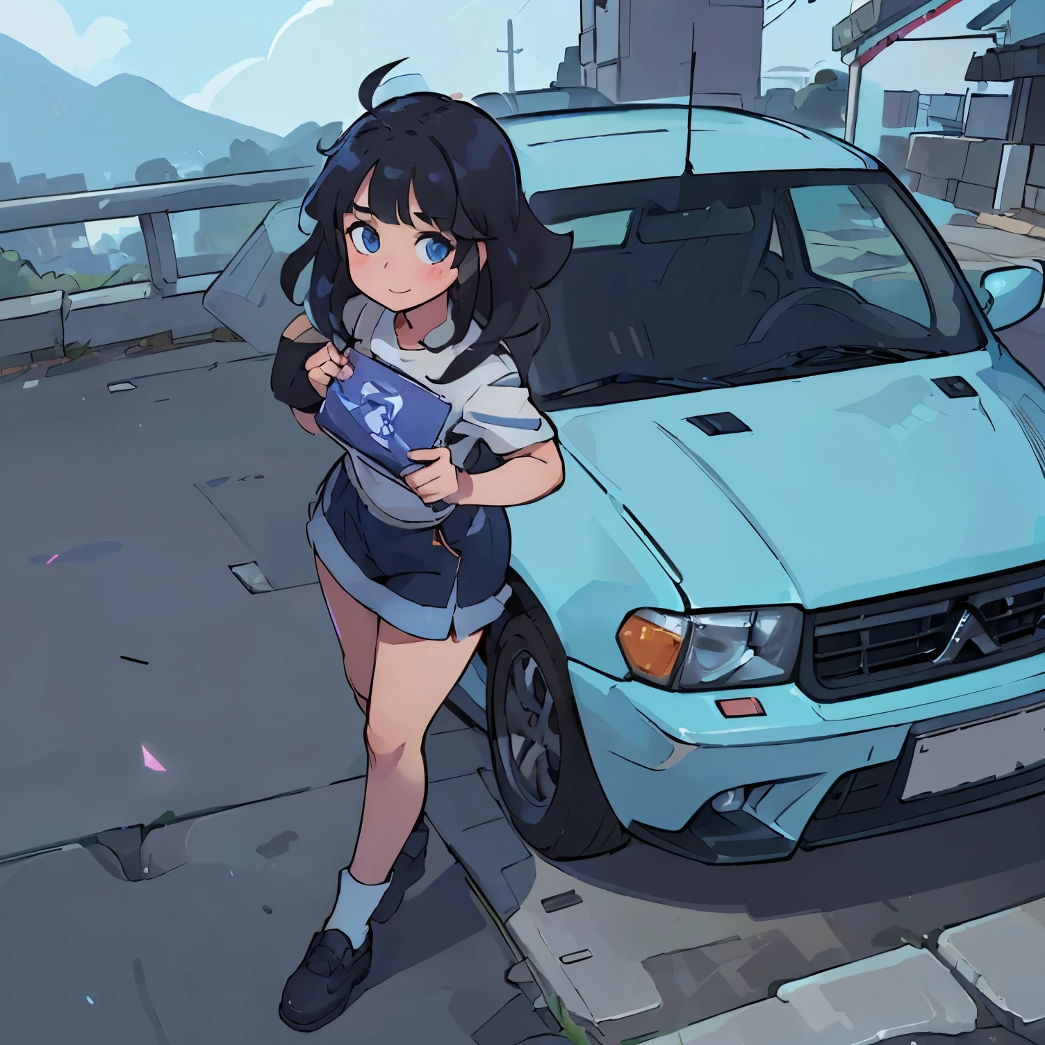 16 K, nffsw, Ray tracing, nffsw, A hyper-realistic, hight resolution, Wide angle shot, Best Quality, masutepiece, Full body image, (Perfect anatomy ), Long Black Hair, happy chuckle, Blue eyes, , Looking at the camera, morning hour, Anime style, Trending on ArtStation, wlop, sakimichan, awardwinning, amazing composition, Perfect, Great lighting, leaning against a citroen, 1Car, Car Girl, A racing girl