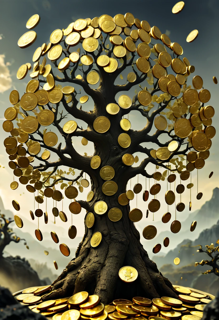 coin tree，The crown is filled with gold coins，only gold coins，魔法coin tree，神奇coin tree，Incredible， Surreal, Crazy, Whimsical, Epic magpic gold coin fantasy