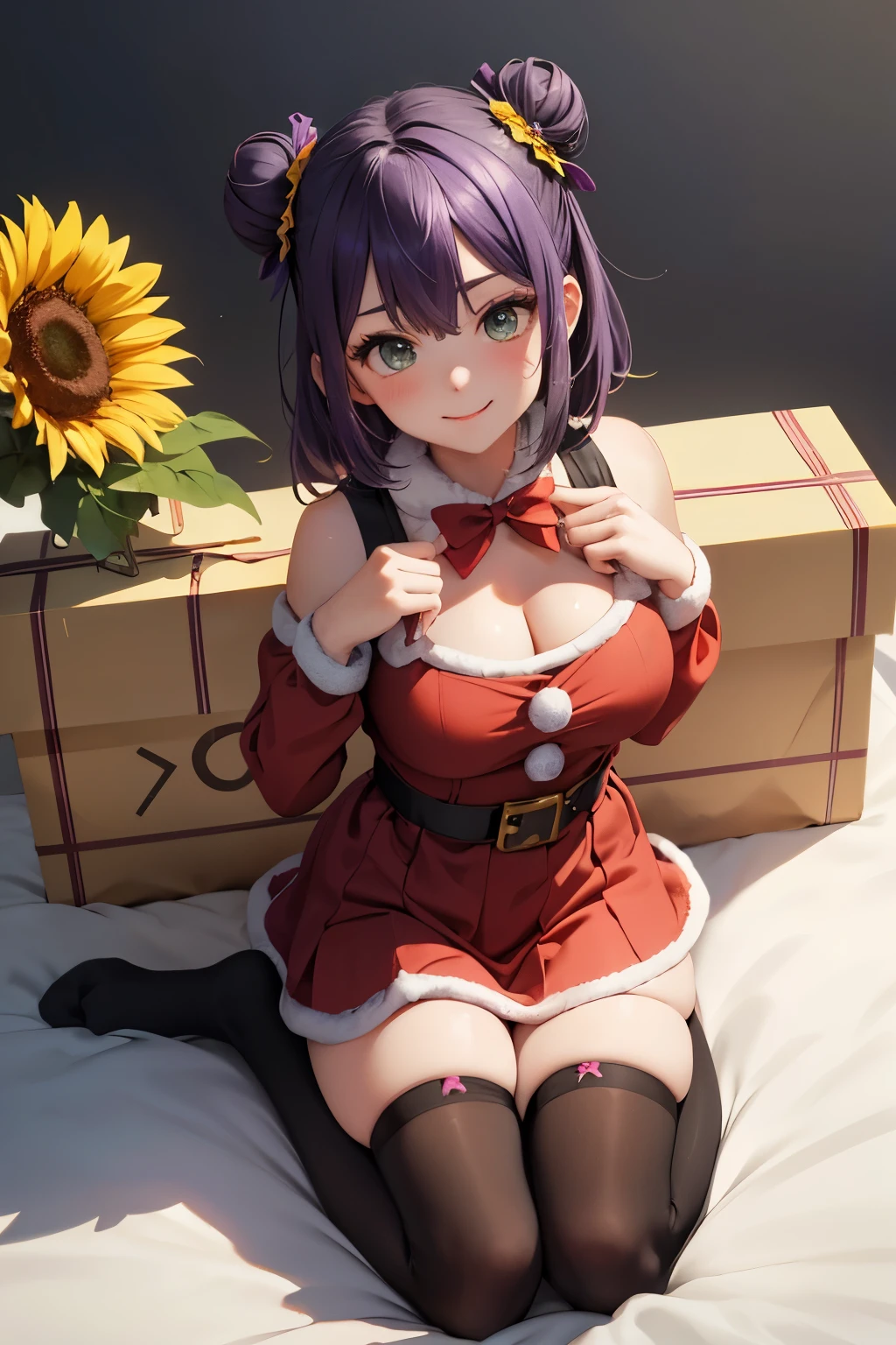 ((Best Quality)), (((masuter piece)))、Solo、Perfect face,(((Violet hair)))、faded green eyes、(bobhair)、short-hair、(((two bun hairstyle)))、Ahoge、(a smile)、((Santa Claus Costume))、(((Black Knee High Socks)))、hoodie style costume、sunflower accessories、sunflower hair tie、,the pose、energetic the pose、((Chibi Chara))、瞳に☆の形の模様がある