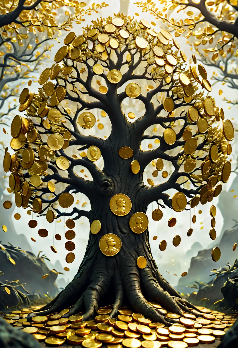 coin tree,The crown is filled with gold coins,only gold coins,魔法coin tree,神奇coin tree,Incredible, Surreal, Crazy, Whimsical, Epic magpic gold coin fantasy