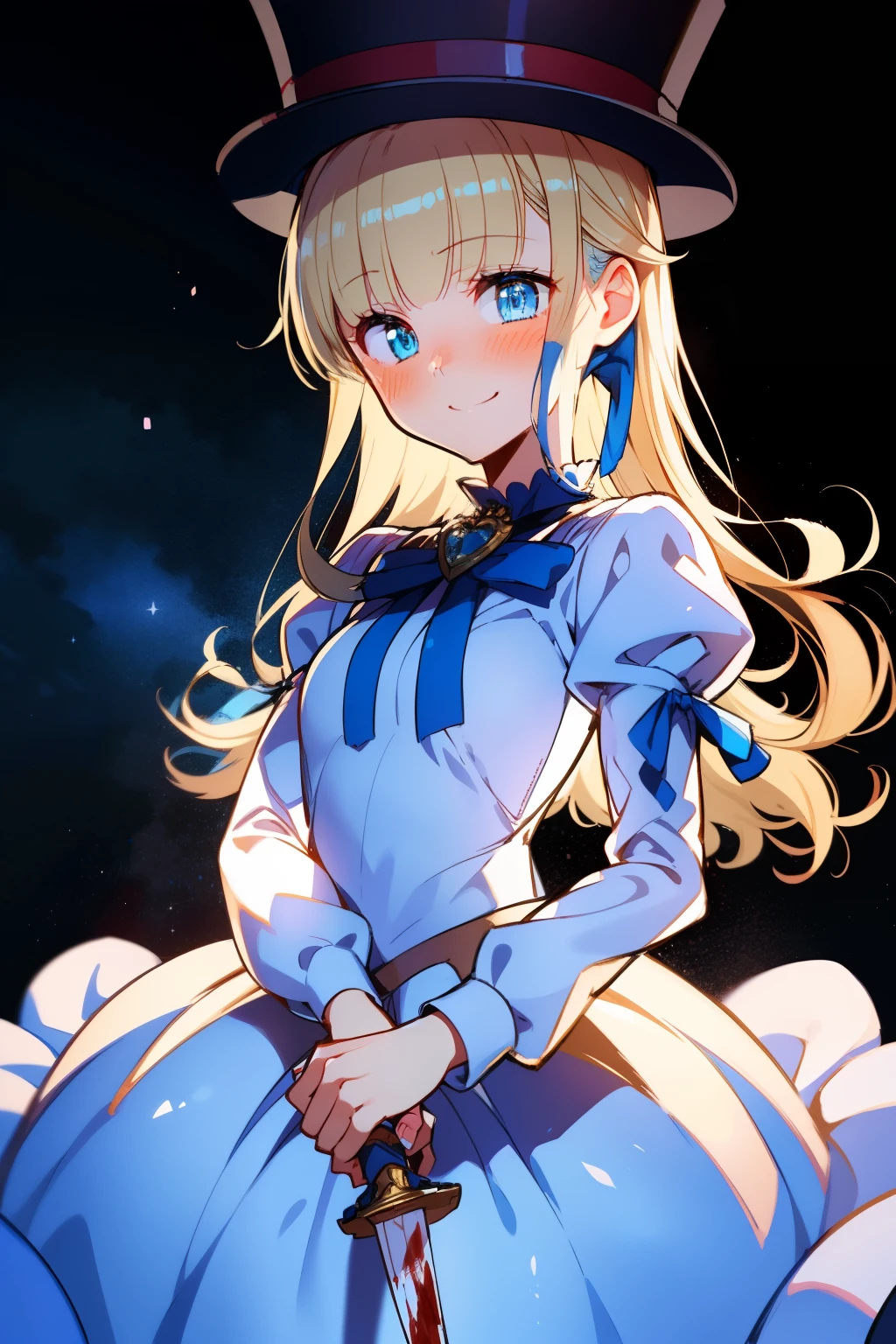 (1girl, solo), blonde hair, side ponytail, (blue eyes:1.5), long hair, (small breast:1.2), (hair ribbon, juliet sleeves, long sleeves, puffy sleeves, white dress:1.5, frills, top hat, black top hat, hat, hat flower,) looking at viewer, shaded face, smile, blush, blood, blood on arm, blood on face, blood on clothes, blood on hands, holding knife, knife, indoorasterpiece:1.2), best quality, high resolution, unity 8k wallpaper, (illustration:1.5), anime style, (beautiful detailed eyes:1.6), extremely detailed face, perfect lighting, extremely detailed CG, (perfect hands, perfect anatomy), (dynamic pose, dynamic angle:1.1), nadja, heart brooch, jewelry,